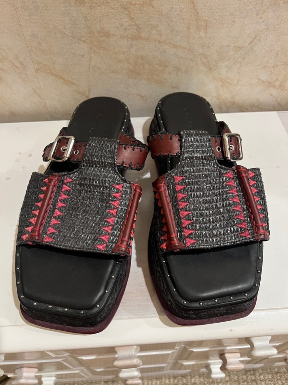 FARM Rio Black and Red Woven Buckle Slide Clogs
